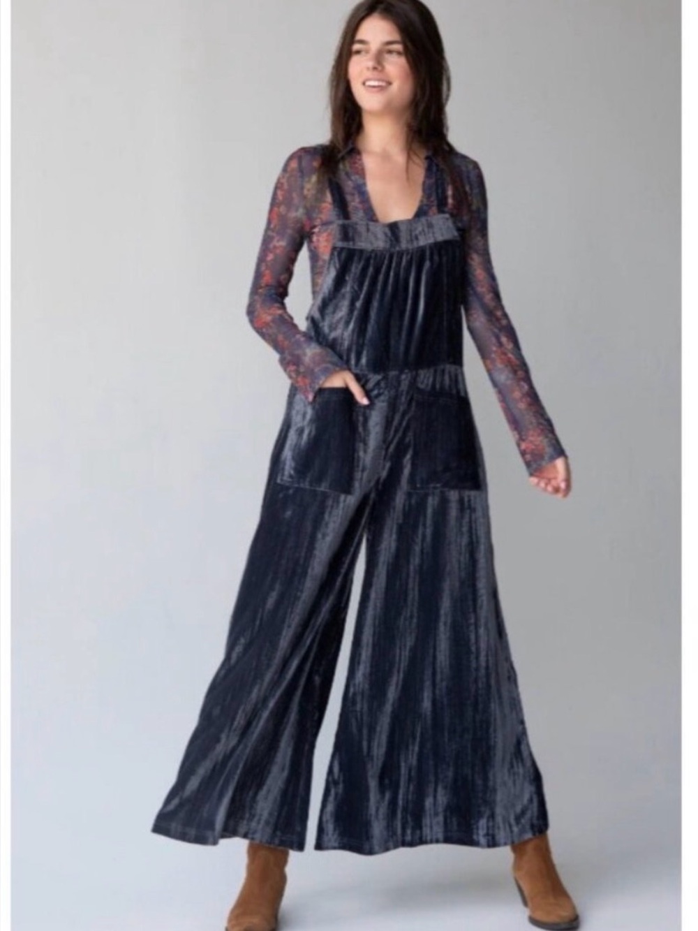 Velvet Wide-Leg Jumpsuit in Charcoal Gray